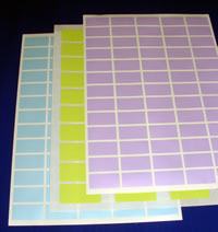 Three sheets of A4 sheeted labels in different colours